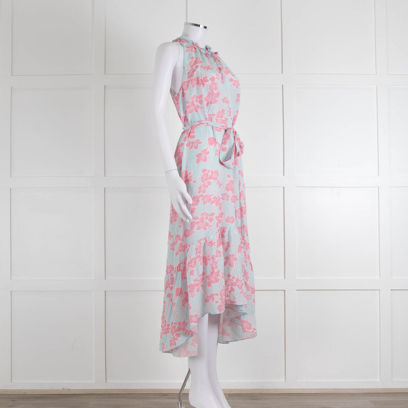 Heidi Klein Pale Blue Pink Floral Sleeveless Silk Belted Dress