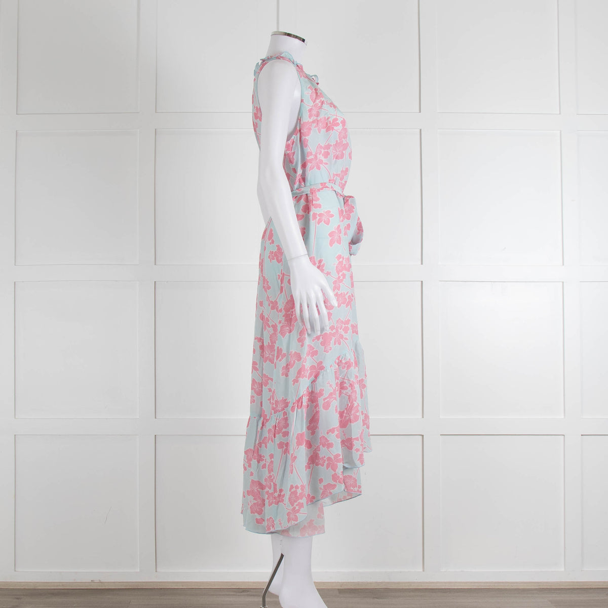 Heidi Klein Pale Blue Pink Floral Sleeveless Silk Belted Dress