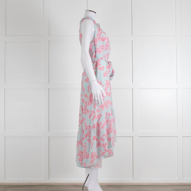 Heidi Klein Pale Blue Pink Floral Sleeveless Silk Belted Dress