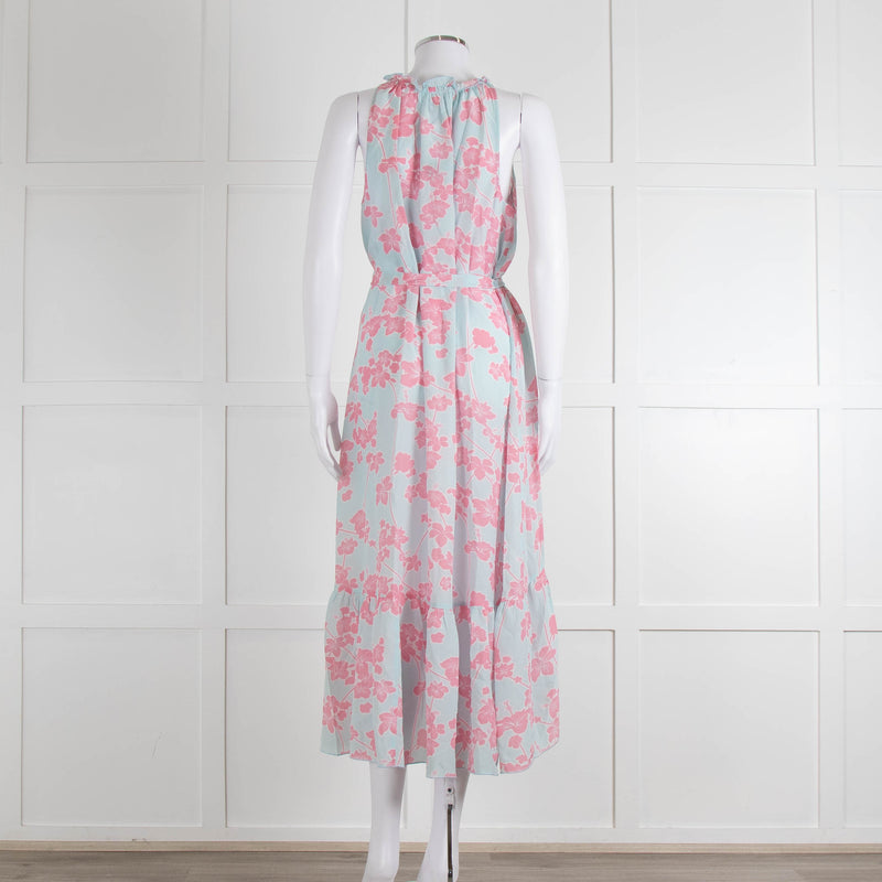 Heidi Klein Pale Blue Pink Floral Sleeveless Silk Belted Dress