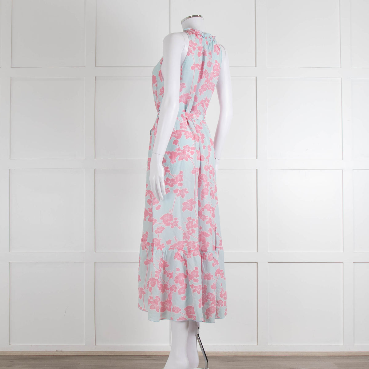 Heidi Klein Pale Blue Pink Floral Sleeveless Silk Belted Dress