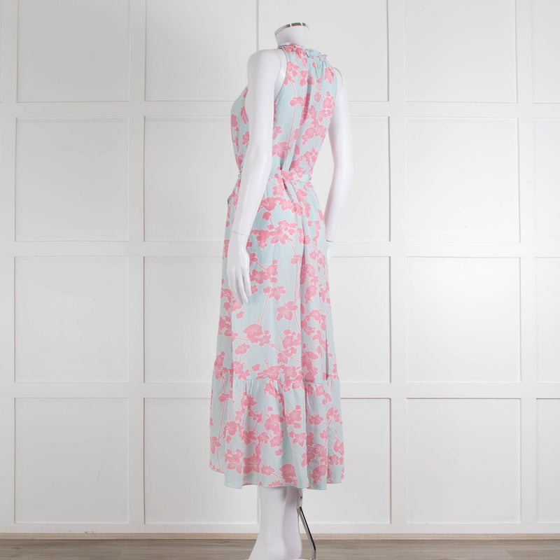 Heidi Klein Pale Blue Pink Floral Sleeveless Silk Belted Dress