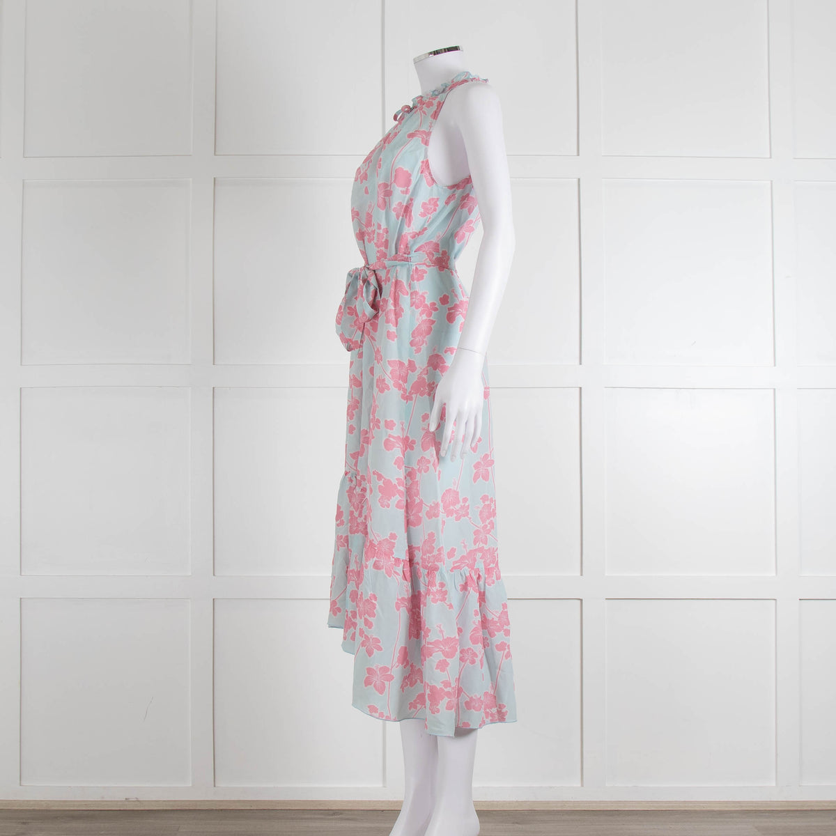 Heidi Klein Pale Blue Pink Floral Sleeveless Silk Belted Dress