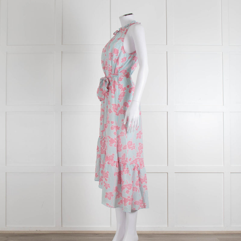 Heidi Klein Pale Blue Pink Floral Sleeveless Silk Belted Dress