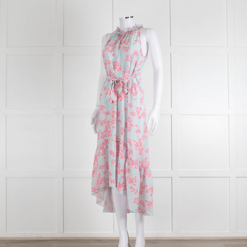 Heidi Klein Pale Blue Pink Floral Sleeveless Silk Belted Dress