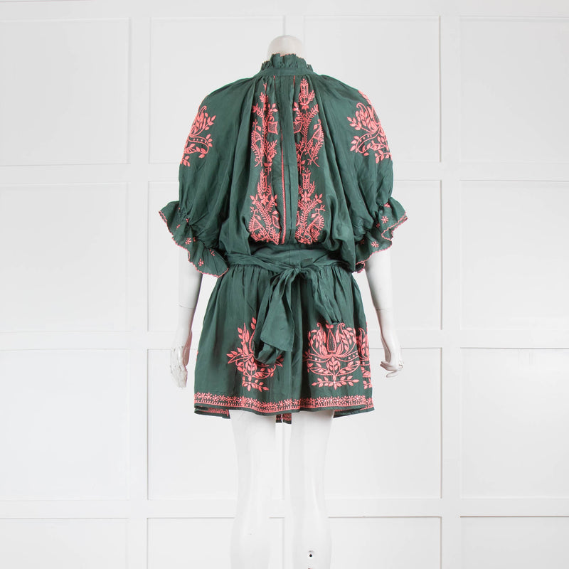 Juliet Dunn Green Silk Short Dress With Pink Embroidery