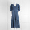Ganni Blue Black Check Puff Sleeve Long Dress