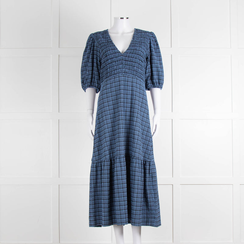 Ganni Blue Black Check Puff Sleeve Long Dress