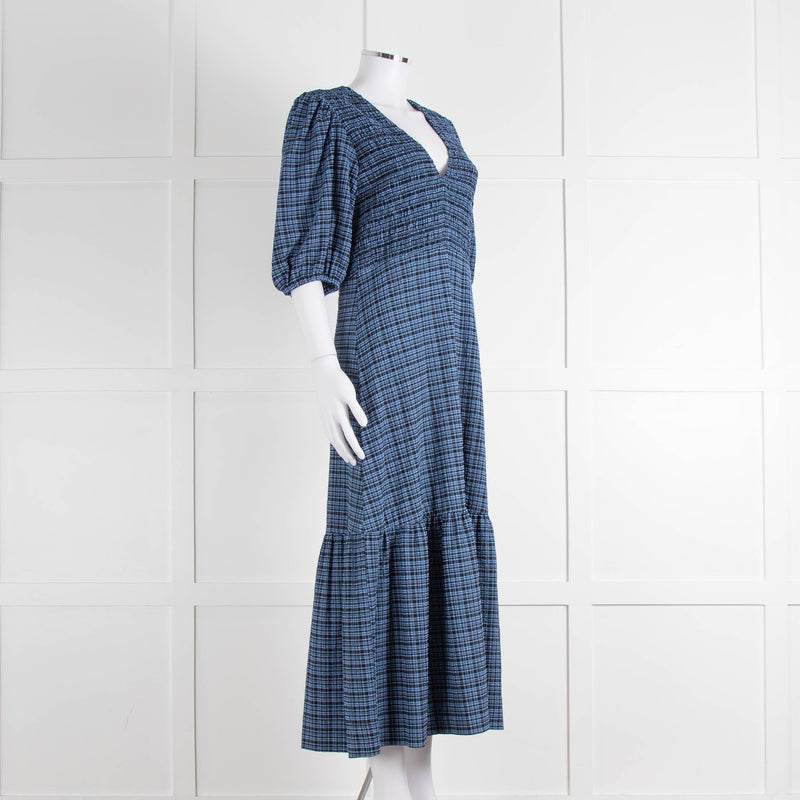 Ganni Blue Black Check Puff Sleeve Long Dress