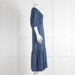 Ganni Blue Black Check Puff Sleeve Long Dress