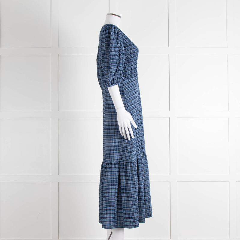 Ganni Blue Black Check Puff Sleeve Long Dress