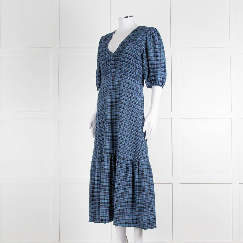 Ganni Blue Black Check Puff Sleeve Long Dress