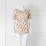 Sandro Cream Pink Floral Puffed Sleeve Belted Top