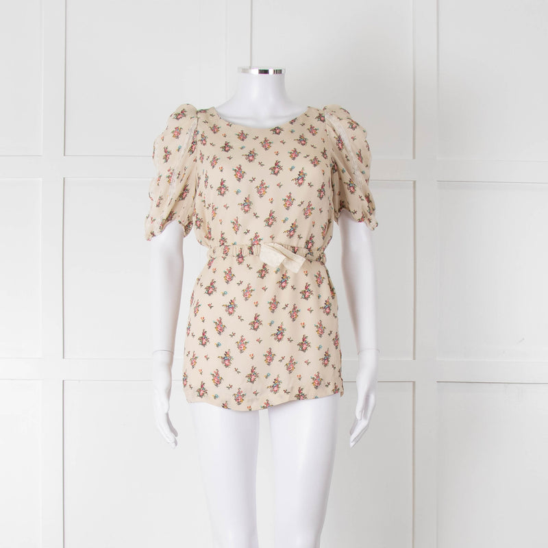 Sandro Cream Pink Floral Puffed Sleeve Belted Top