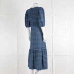 Ganni Blue Black Check Puff Sleeve Long Dress