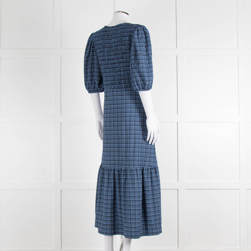 Ganni Blue Black Check Puff Sleeve Long Dress