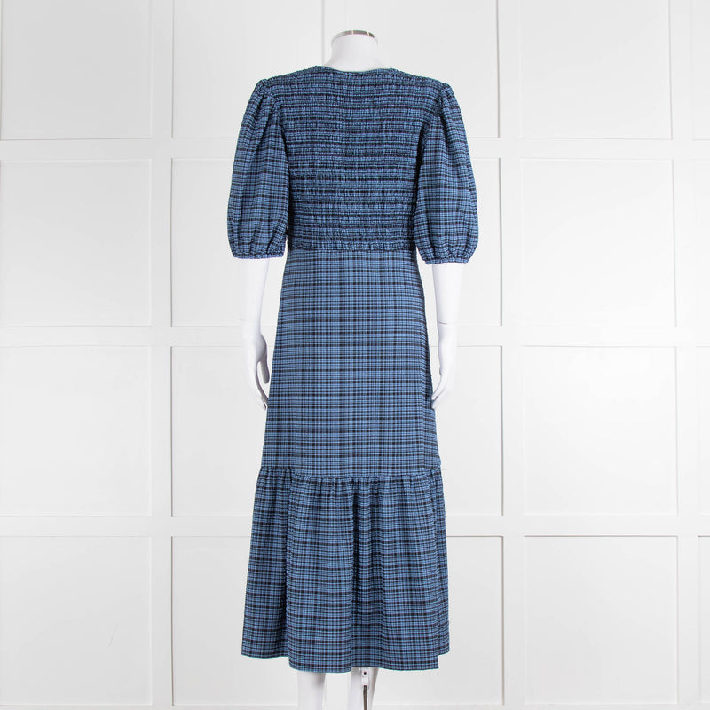 Ganni Blue Black Check Puff Sleeve Long Dress