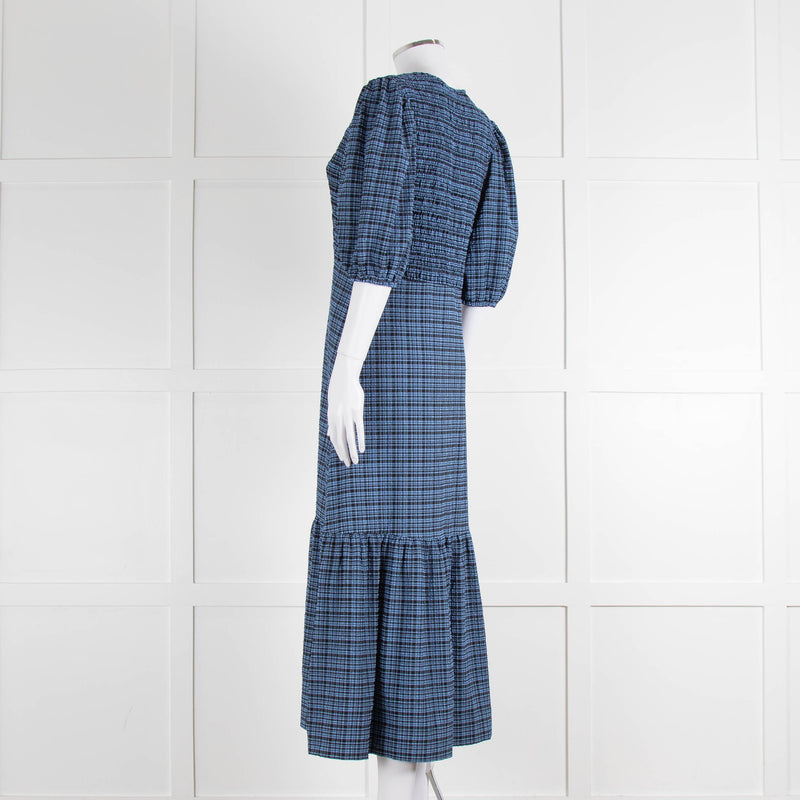 Ganni Blue Black Check Puff Sleeve Long Dress