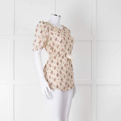 Sandro Cream Pink Floral Puffed Sleeve Belted Top