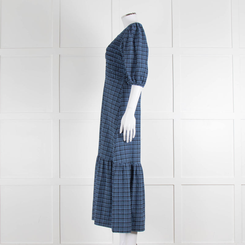 Ganni Blue Black Check Puff Sleeve Long Dress