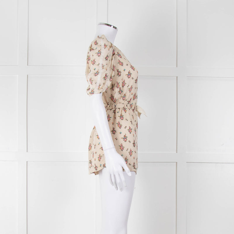 Sandro Cream Pink Floral Puffed Sleeve Belted Top