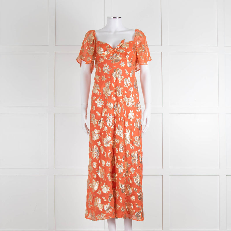 Rixo Orange Gold Lurex Flower Short Sleeve Dress