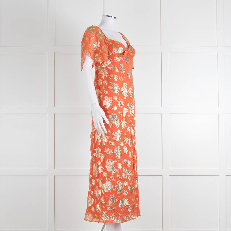 Rixo Orange Gold Lurex Flower Short Sleeve Dress