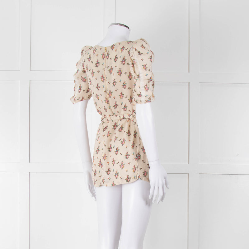 Sandro Cream Pink Floral Puffed Sleeve Belted Top