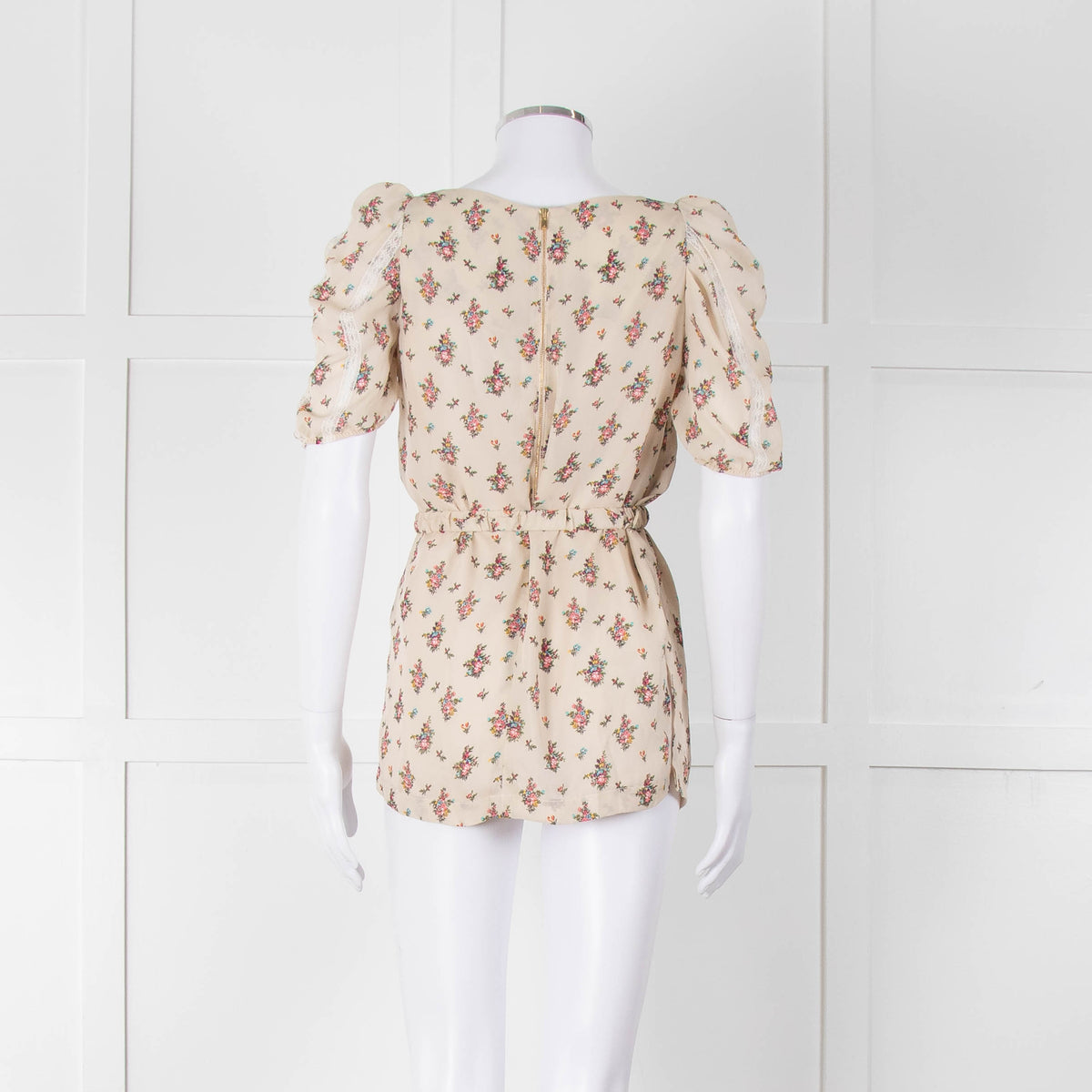 Sandro Cream Pink Floral Puffed Sleeve Belted Top