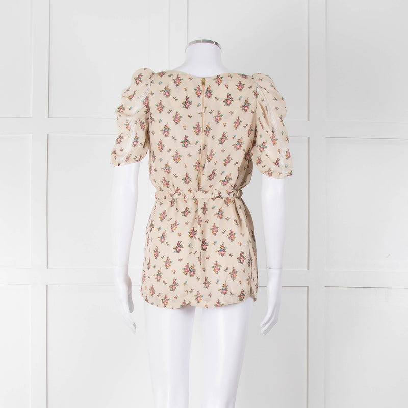 Sandro Cream Pink Floral Puffed Sleeve Belted Top