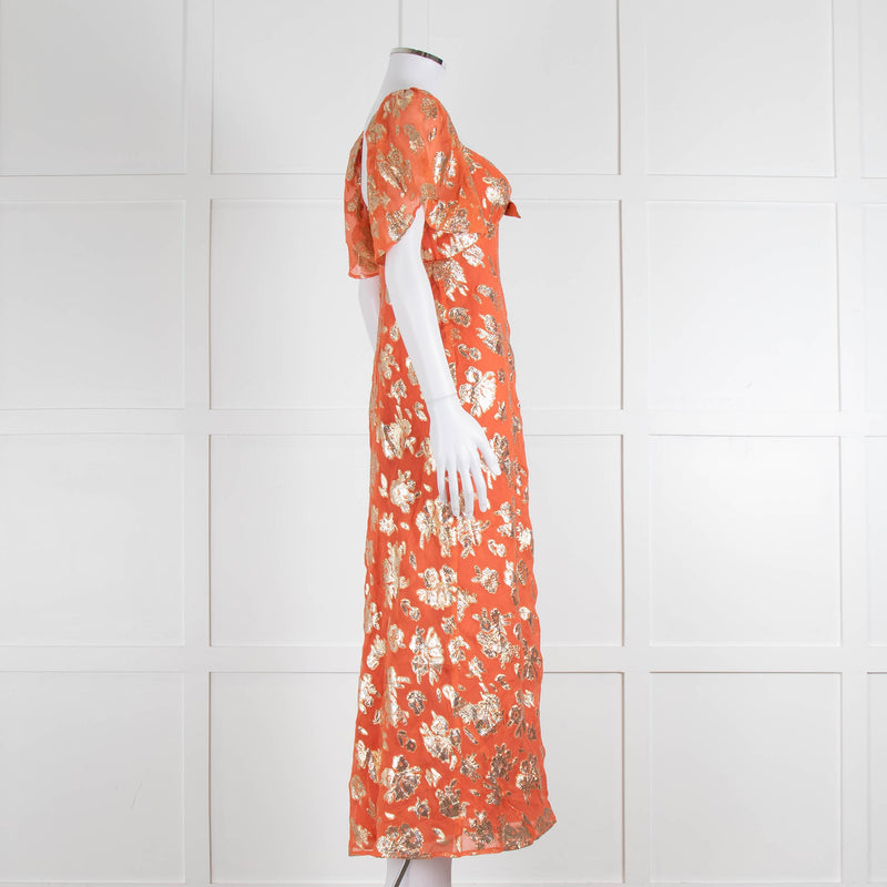 Rixo Orange Gold Lurex Flower Short Sleeve Dress
