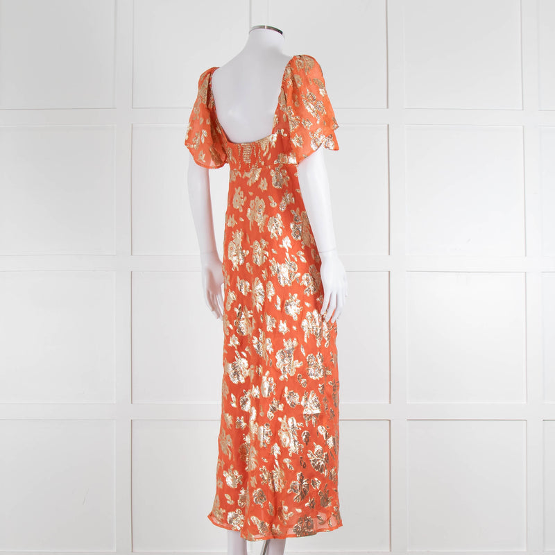 Rixo Orange Gold Lurex Flower Short Sleeve Dress