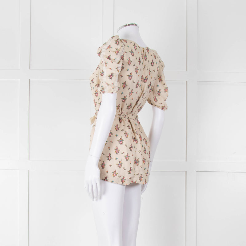 Sandro Cream Pink Floral Puffed Sleeve Belted Top