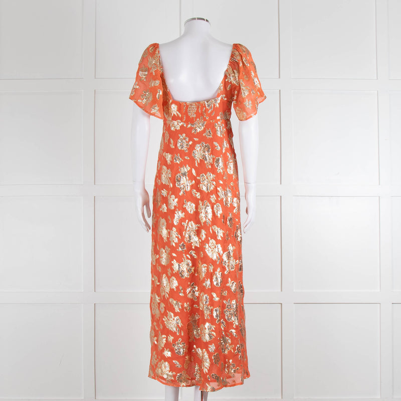 Rixo Orange Gold Lurex Flower Short Sleeve Dress