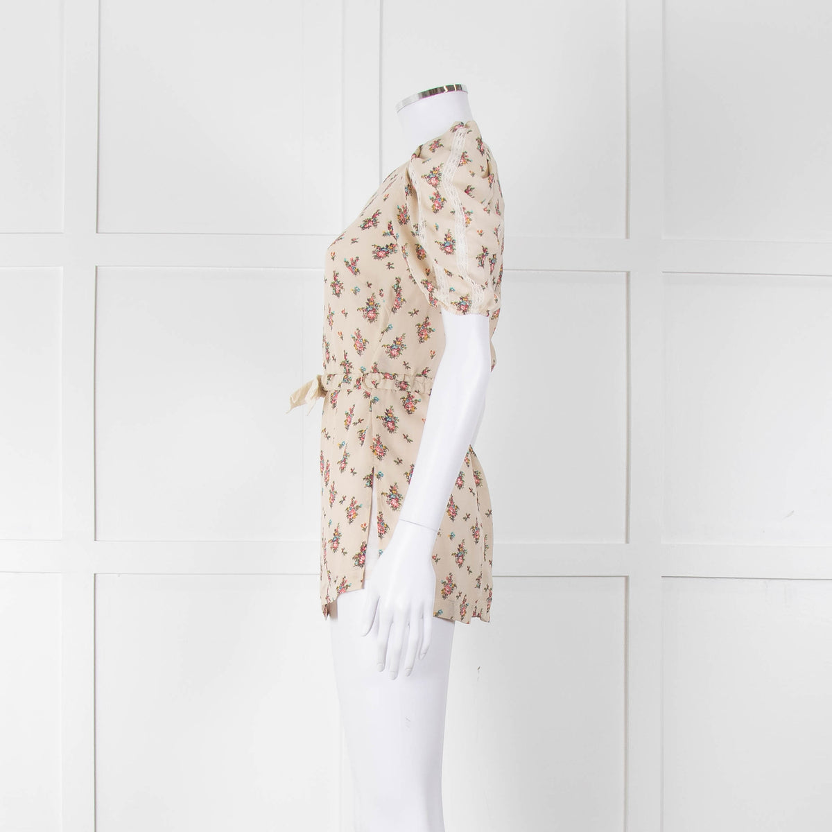 Sandro Cream Pink Floral Puffed Sleeve Belted Top