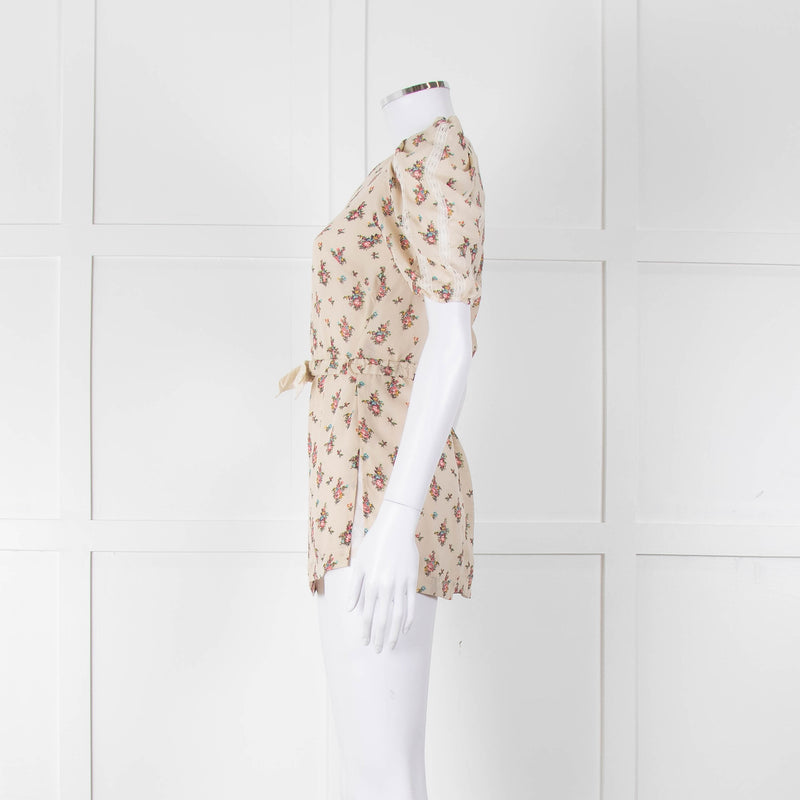 Sandro Cream Pink Floral Puffed Sleeve Belted Top