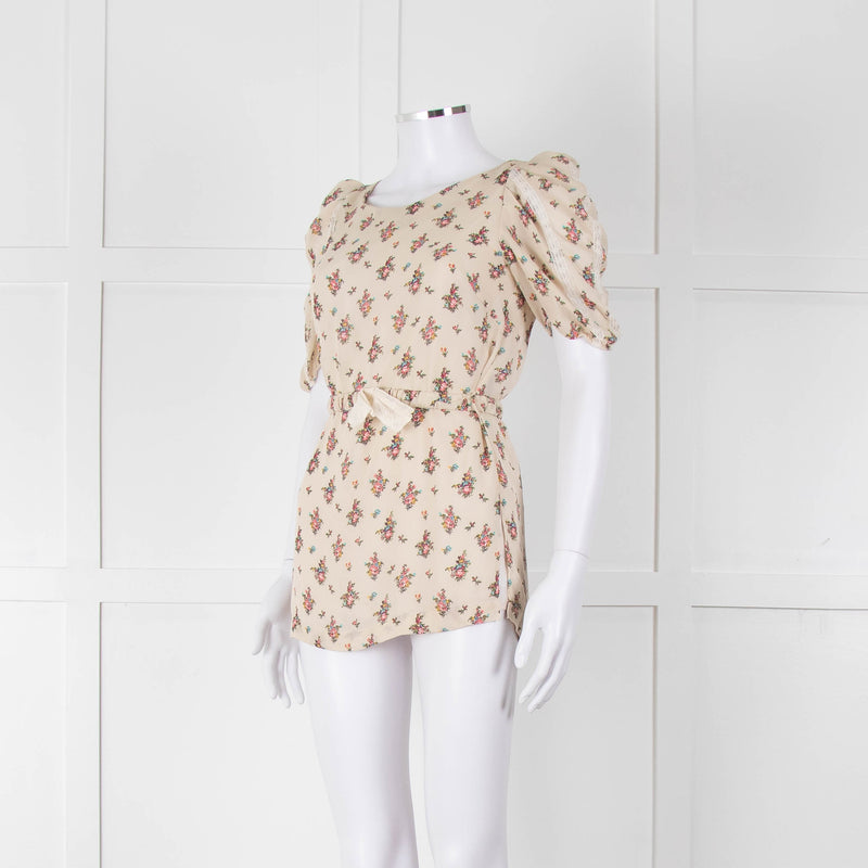 Sandro Cream Pink Floral Puffed Sleeve Belted Top