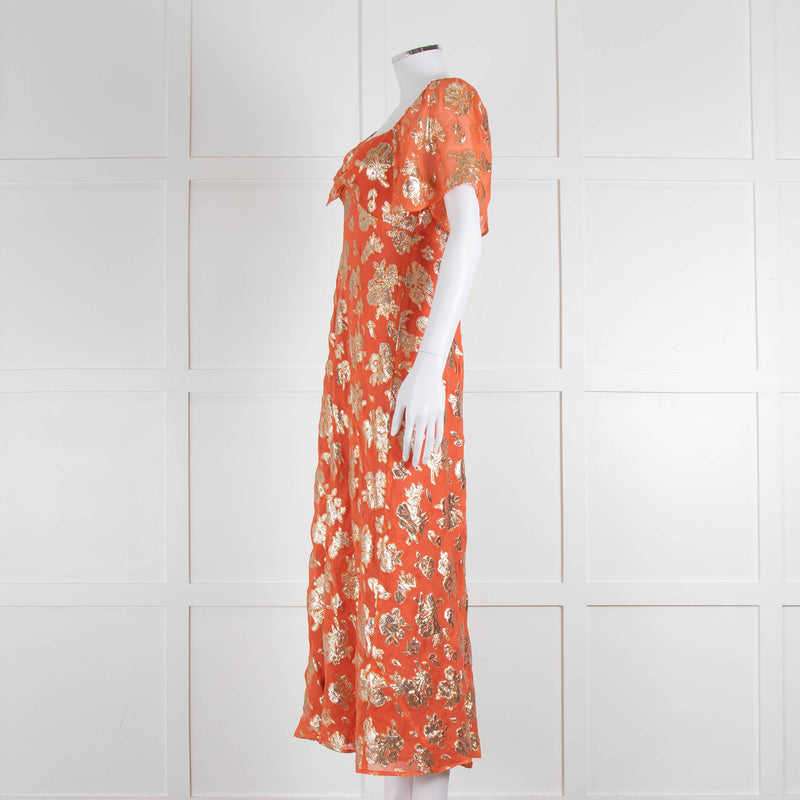 Rixo Orange Gold Lurex Flower Short Sleeve Dress