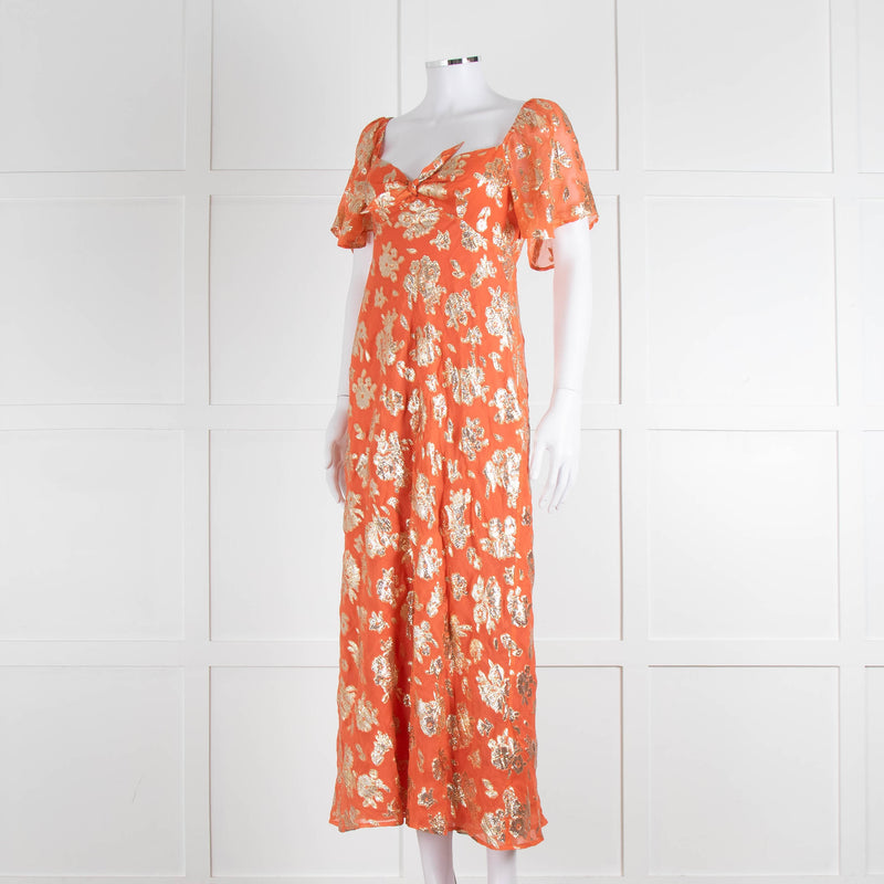 Rixo Orange Gold Lurex Flower Short Sleeve Dress