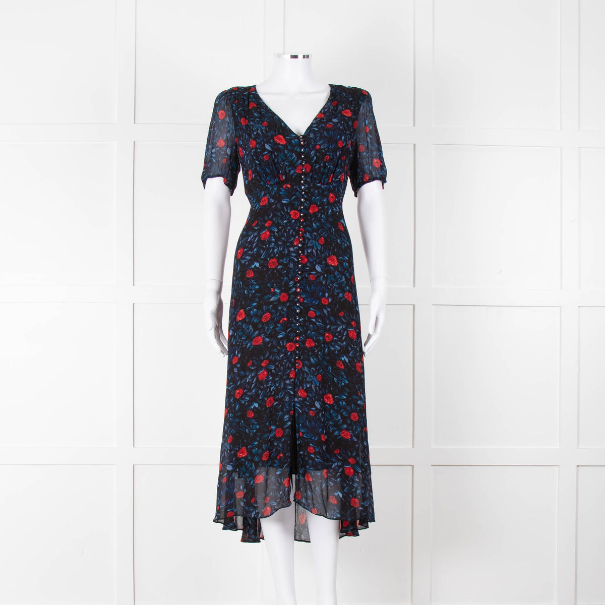 The Kooples Black Red Blue Floral Short Sleeve Midi Dress
