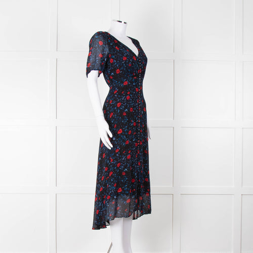 The Kooples Black Red Blue Floral Short Sleeve Midi Dress