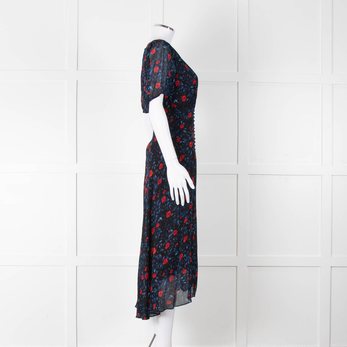 The Kooples Black Red Blue Floral Short Sleeve Midi Dress