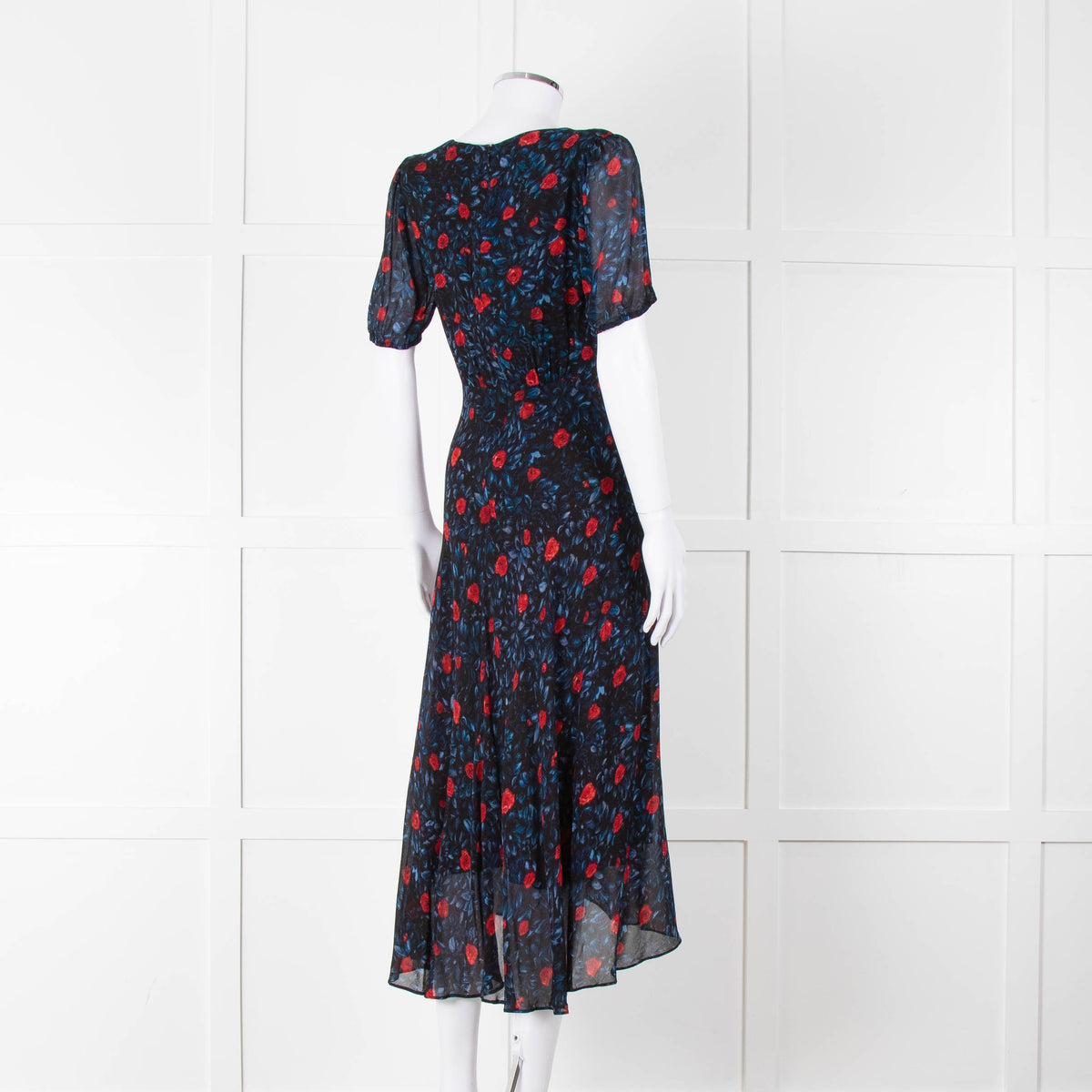 The Kooples Black Red Blue Floral Short Sleeve Midi Dress