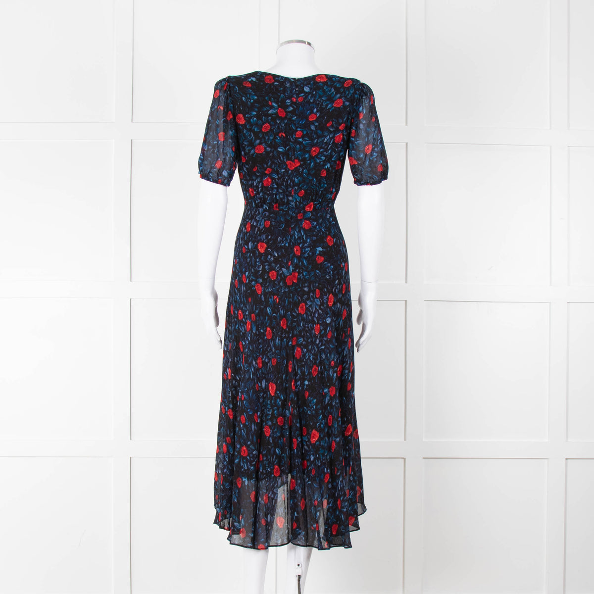 The Kooples Black Red Blue Floral Short Sleeve Midi Dress