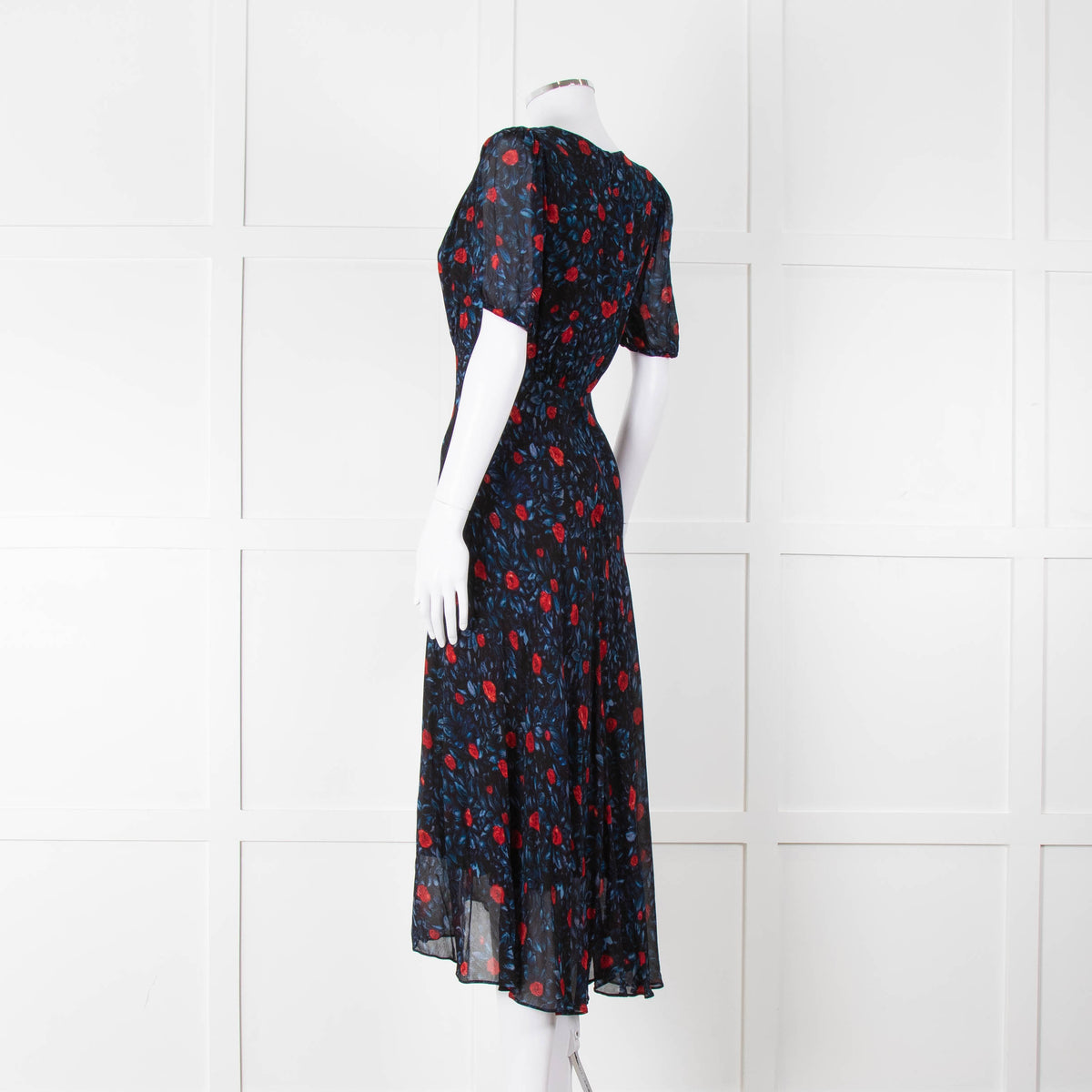 The Kooples Black Red Blue Floral Short Sleeve Midi Dress