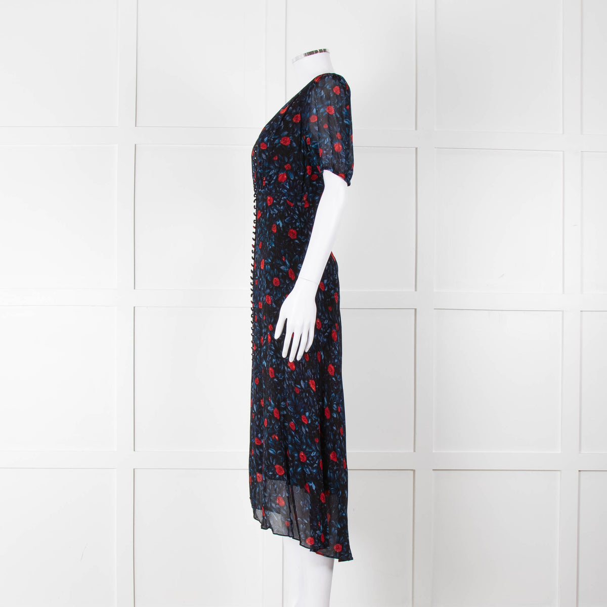 The Kooples Black Red Blue Floral Short Sleeve Midi Dress