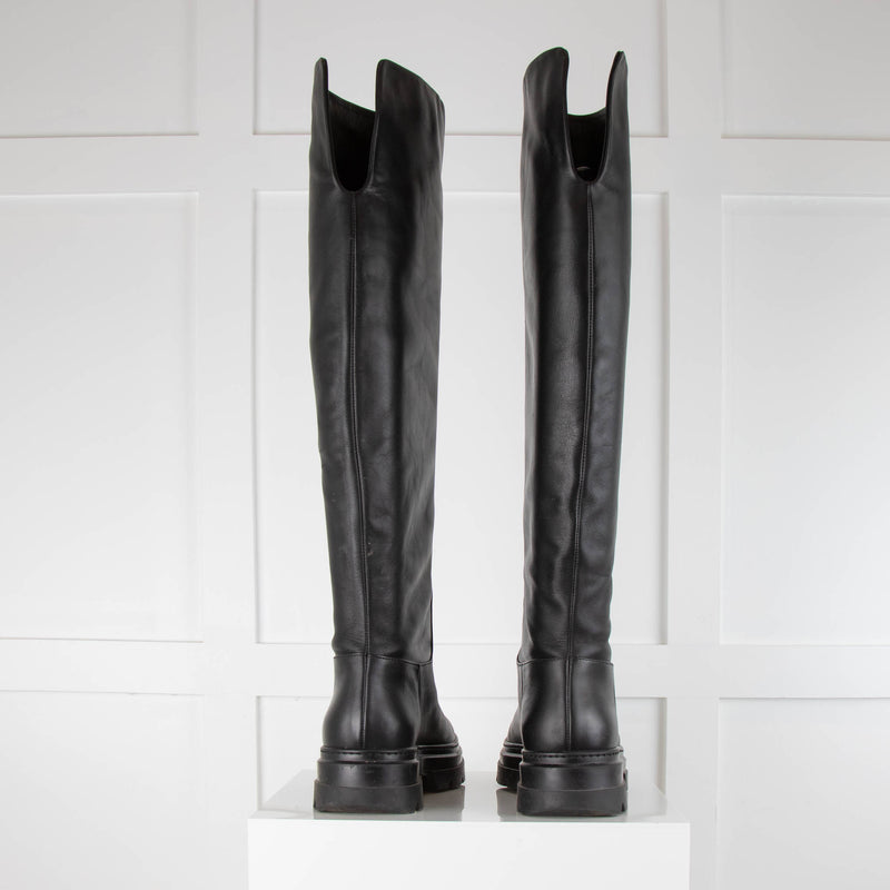 Max Mara Black Leather Lug Sole Knee Boots
