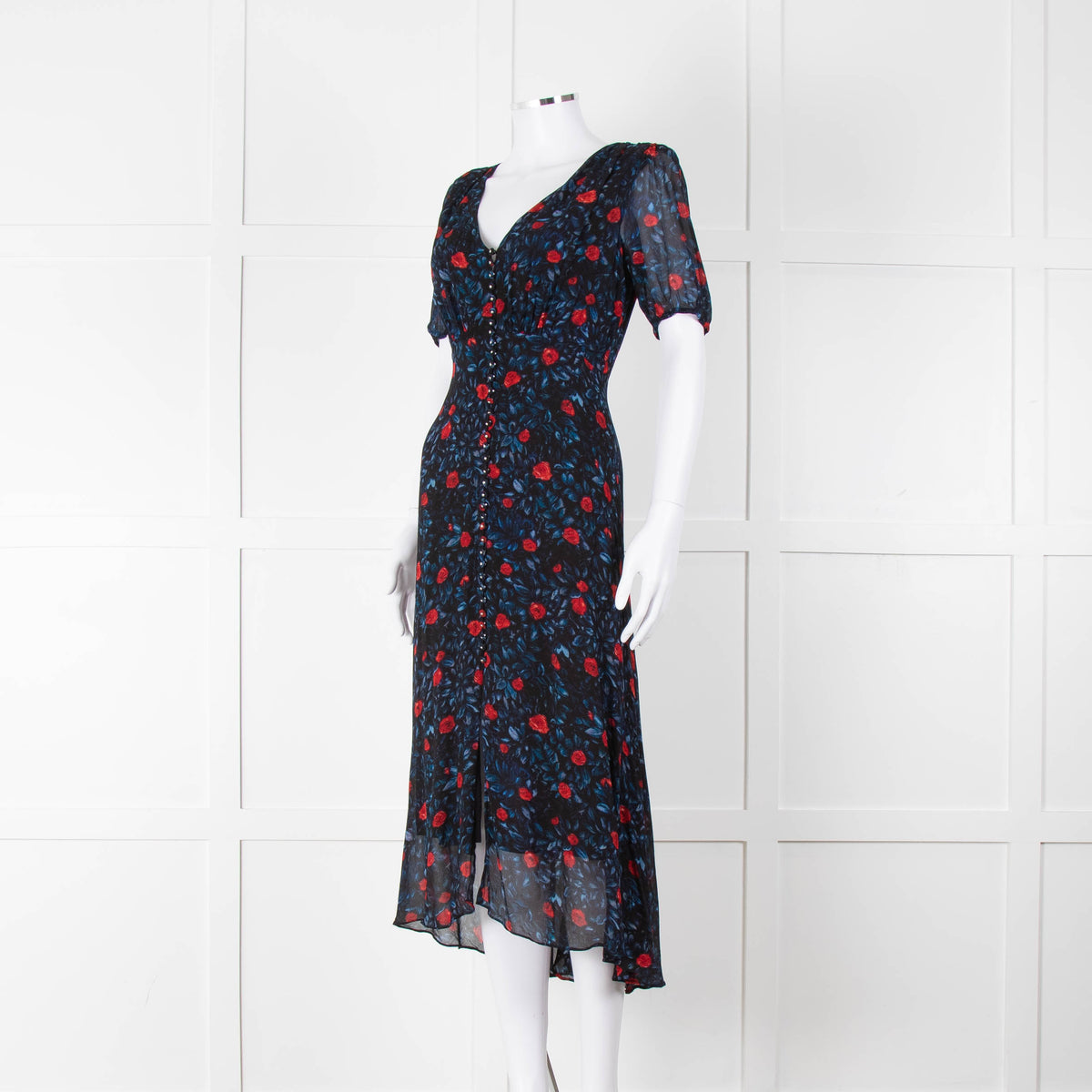The Kooples Black Red Blue Floral Short Sleeve Midi Dress