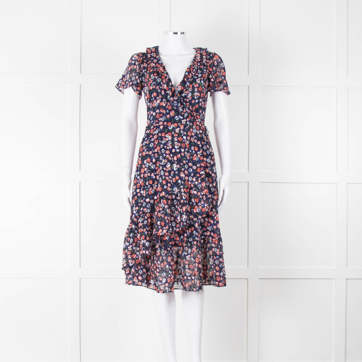 Michael Kors Navy Orange Floral Short Sleeve Wrap Dress