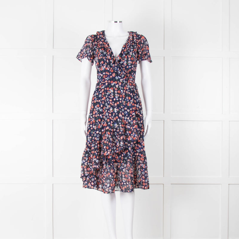 Michael Kors Navy Orange Floral Short Sleeve Wrap Dress